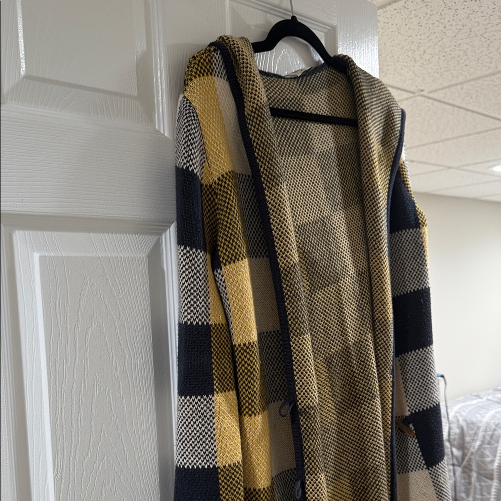 Woman’s Plaid Hooded Sweater - Black, Yellow, and Tan
